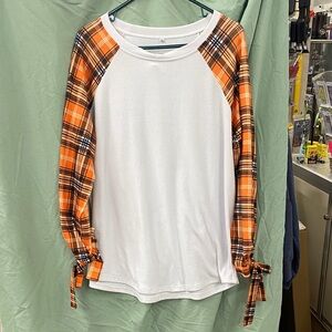 Plaid Sleeve Raglan Top Woman Size XL